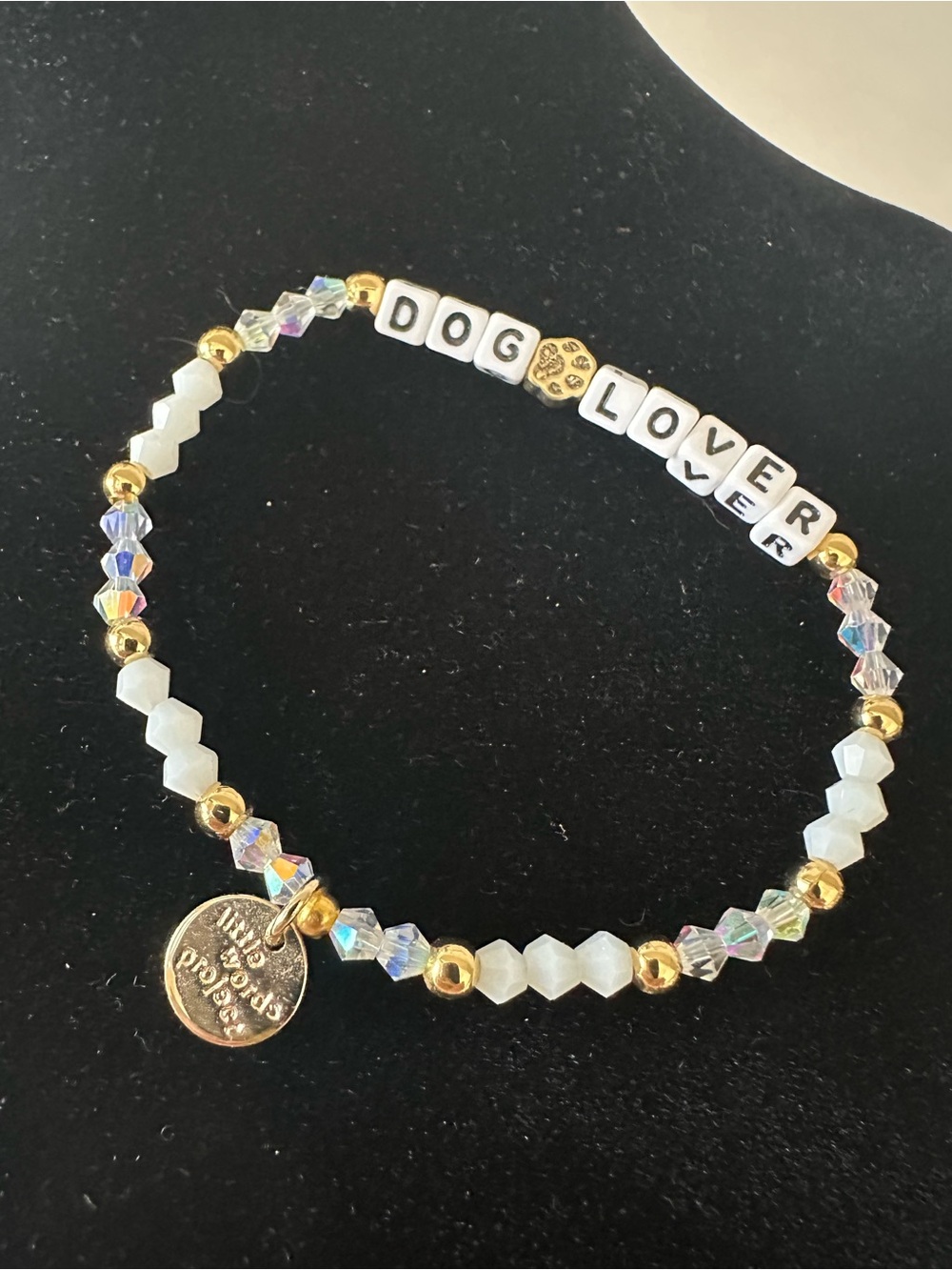 White and Gold Beaded 'DOG LOVER' Charm Bracelet